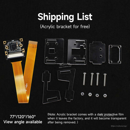 Package contents: IMX219 camera module, acrylic bracket parts, screws, nuts and standoffs (shipping list)