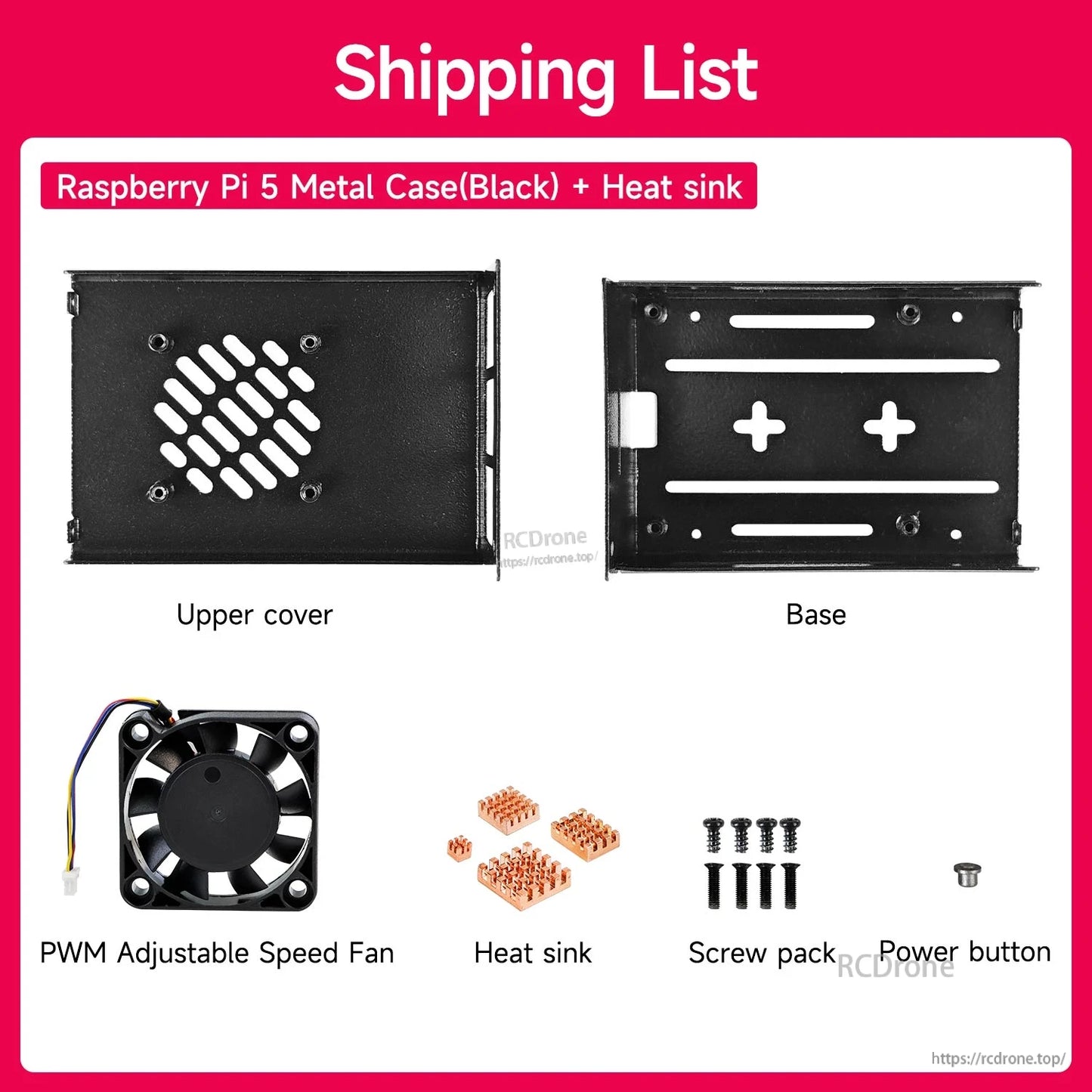 Black case kit with heat sinks: upper cover, base, PWM fan, heat sinks, screw pack, and power button