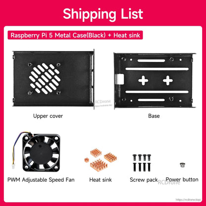 Black case kit with heat sinks: upper cover, base, PWM fan, heat sinks, screw pack, and power button