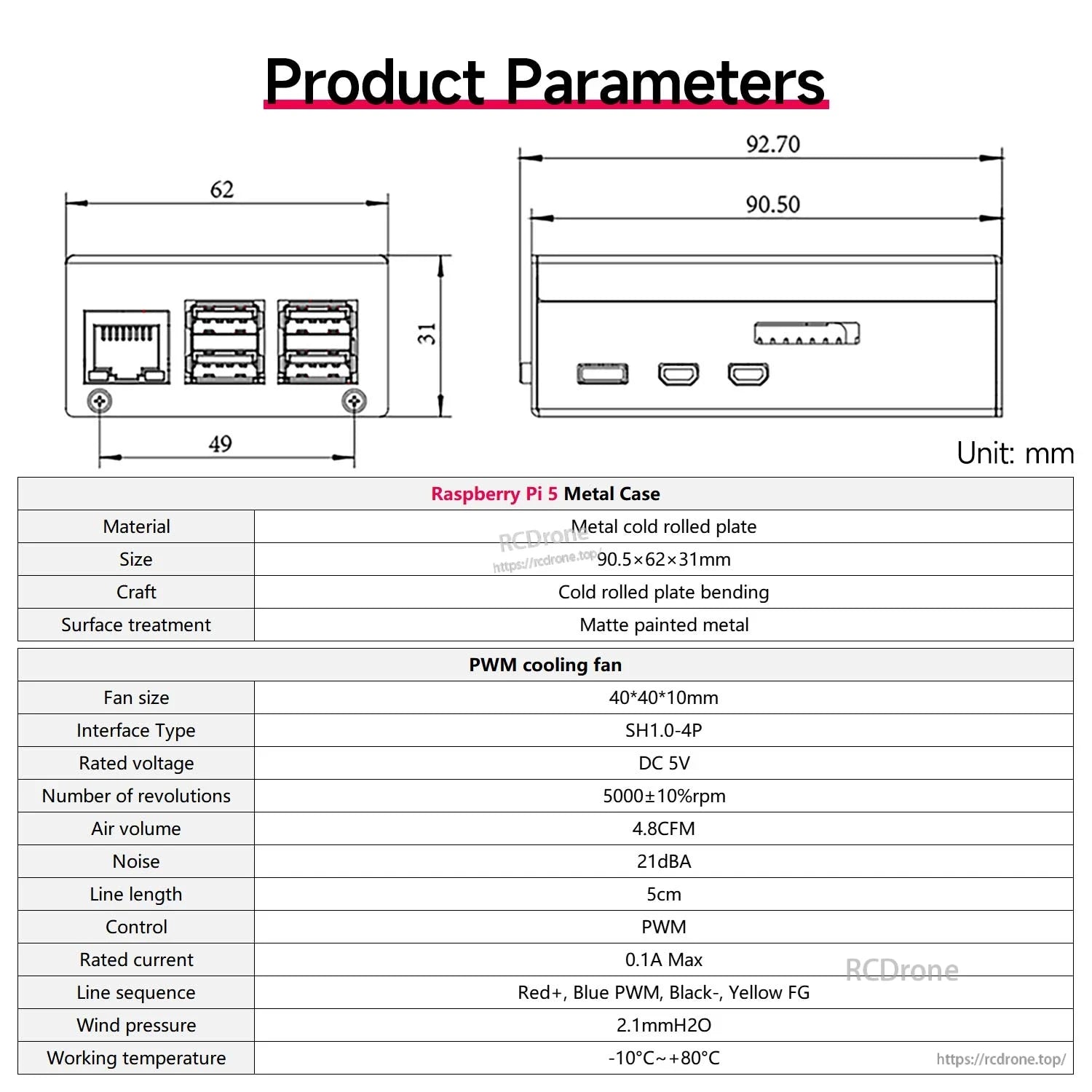 Raspberry Pi 5 metal case product parameters chart with dimensions and PWM fan specifications (40×40×10 mm)