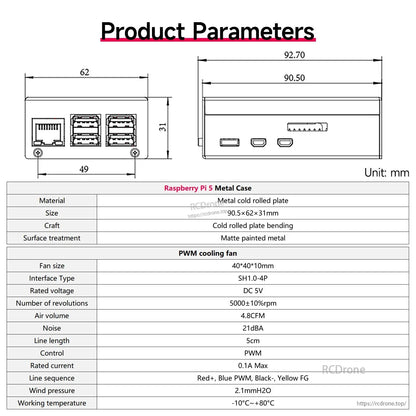 Raspberry Pi 5 metal case product parameters chart with dimensions and PWM fan specifications (40×40×10 mm)