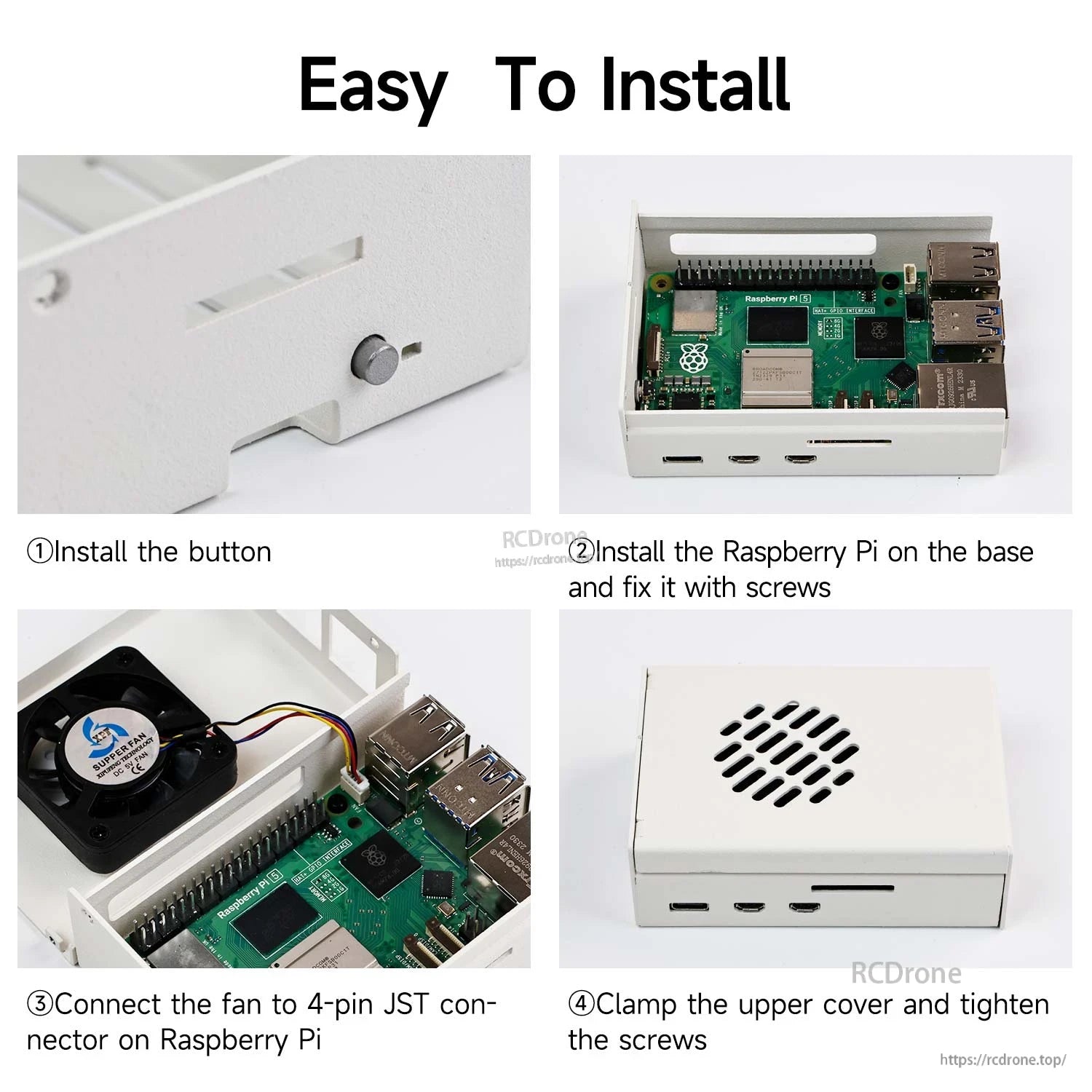 Easy installation steps showing mounting Raspberry Pi, connecting PWM fan to 4-pin JST, and attaching top cover