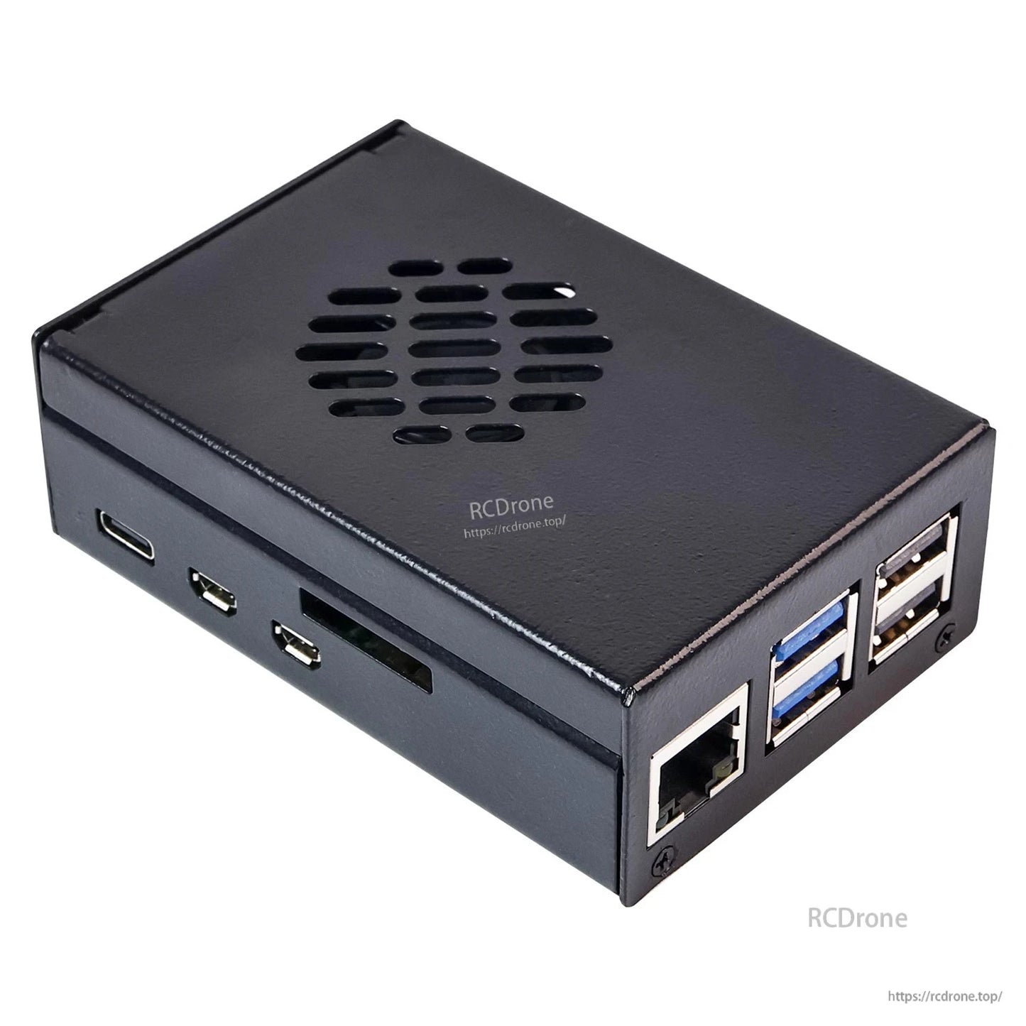 Black metal case angled view showing USB and Ethernet side cutouts and vented top panel