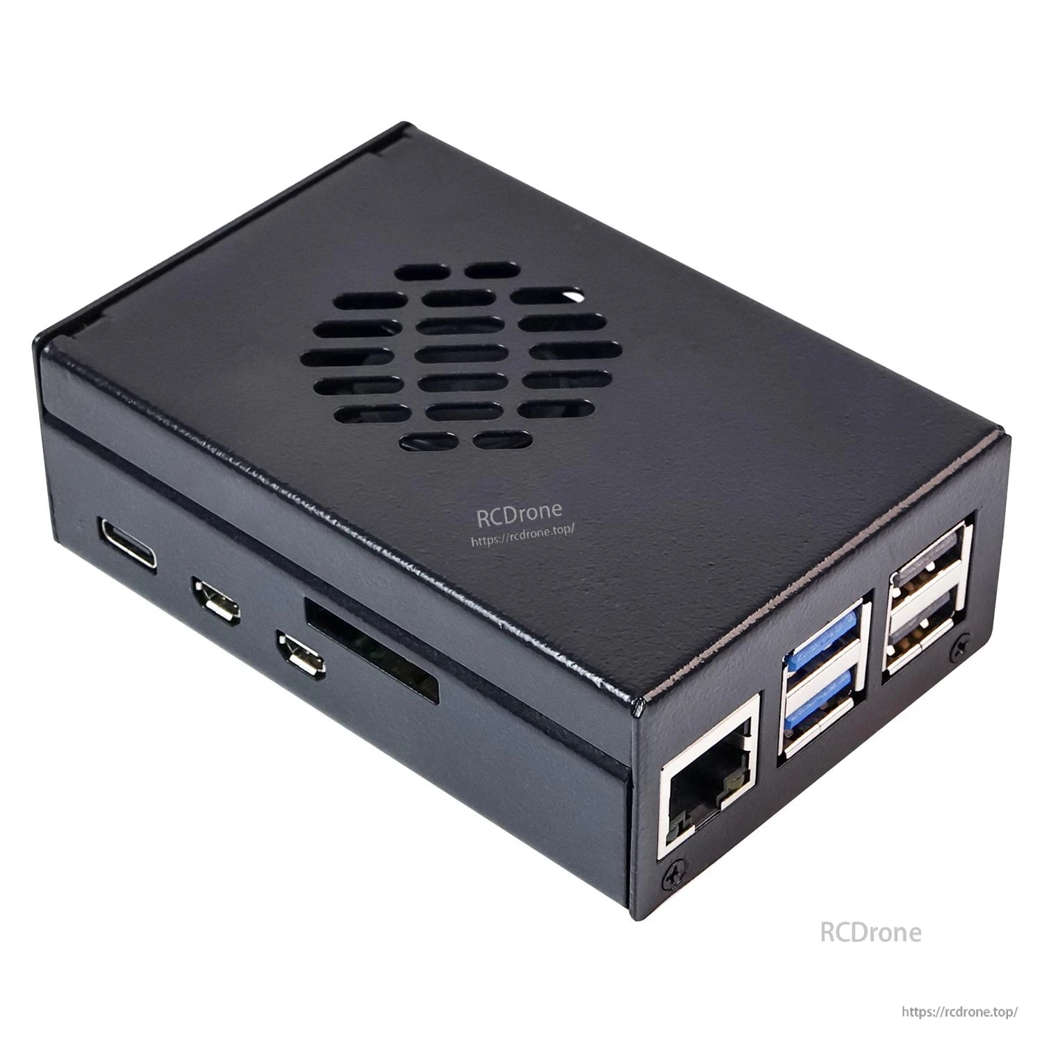 Black metal case angled view showing USB and Ethernet side cutouts and vented top panel