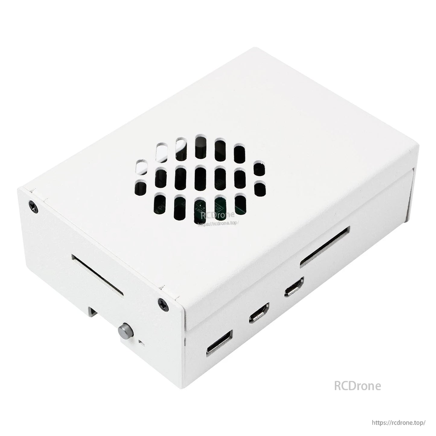 White metal case angled view showing vented top and side openings for connectors and card slot
