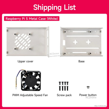 Package contents for white case: upper cover, base, PWM adjustable fan, screw pack, and power button