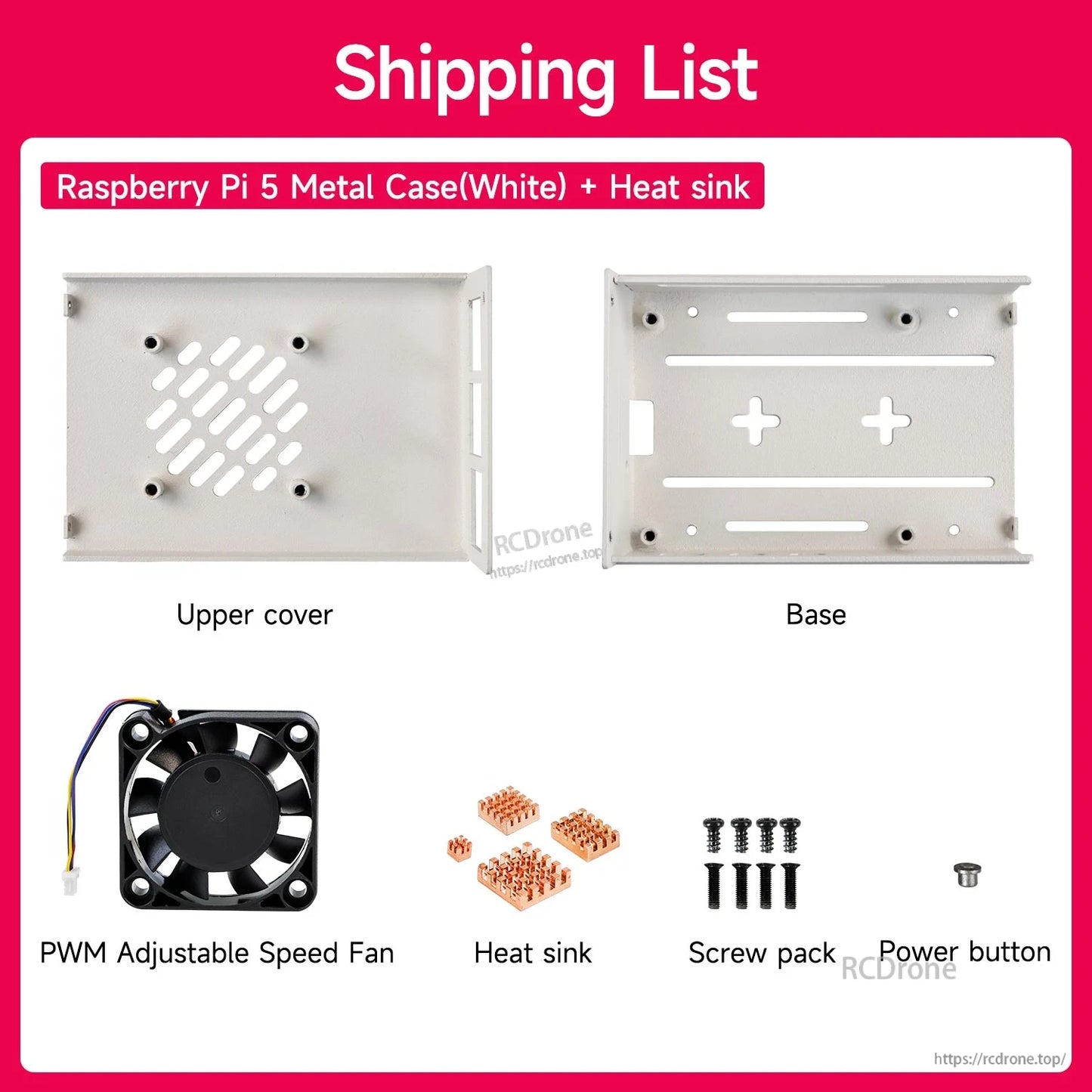 White case kit with heat sinks: upper cover, base, PWM fan, heat sinks, screw pack, and power button