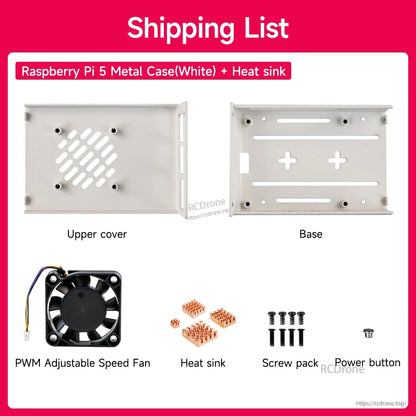 White case kit with heat sinks: upper cover, base, PWM fan, heat sinks, screw pack, and power button