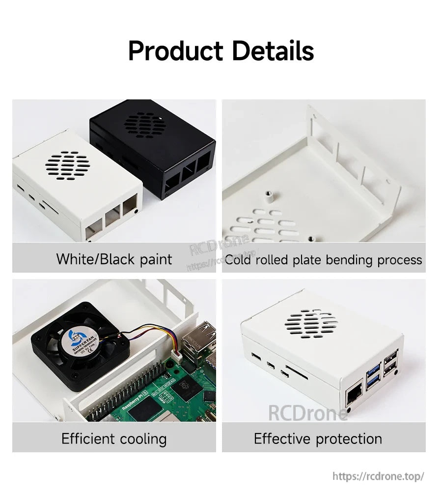 White and black Raspberry Pi 5 metal case with vented top, exposed side ports, and internal cooling fan