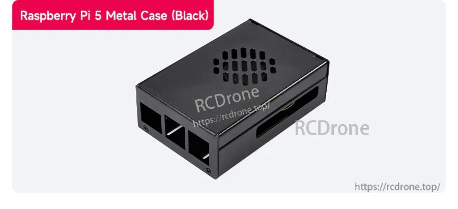 Black metal case shell for Raspberry Pi 5 with vented top grille and side port openings