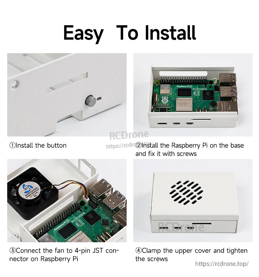 Installation steps: fit the button, mount Raspberry Pi 5, connect fan to 4-pin JST, and secure the vented top cover