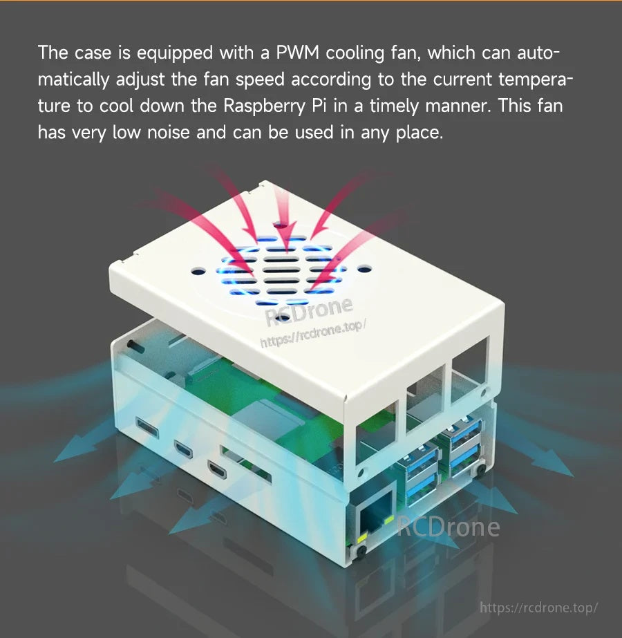 Airflow illustration of PWM fan exhausting heat through the vented top cover while drawing cool air through the case