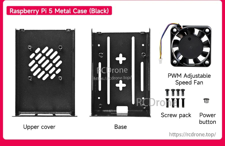 Raspberry Pi 5 black metal case kit with vented upper cover, base, PWM adjustable fan, screws, and power button