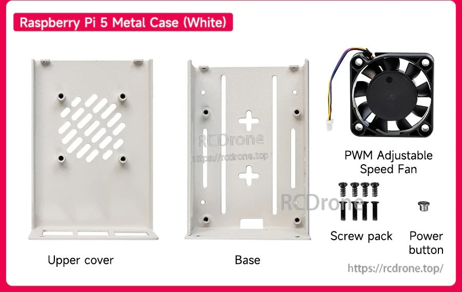 White Raspberry Pi 5 metal case kit with upper cover, base plate, PWM fan, screw pack, and power button