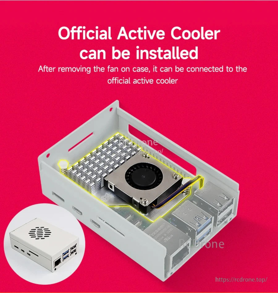 Interior view showing support for Raspberry Pi 5 official active cooler after removing the case’s top fan