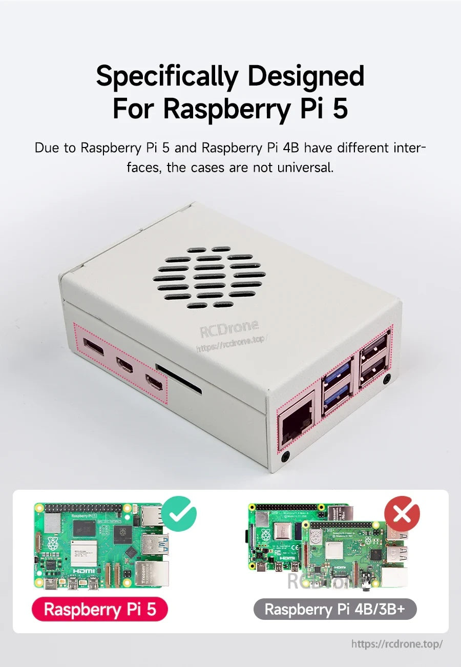 Compatibility graphic: case is specifically designed for Raspberry Pi 5 and not compatible with Raspberry Pi 4B/3B+ layouts