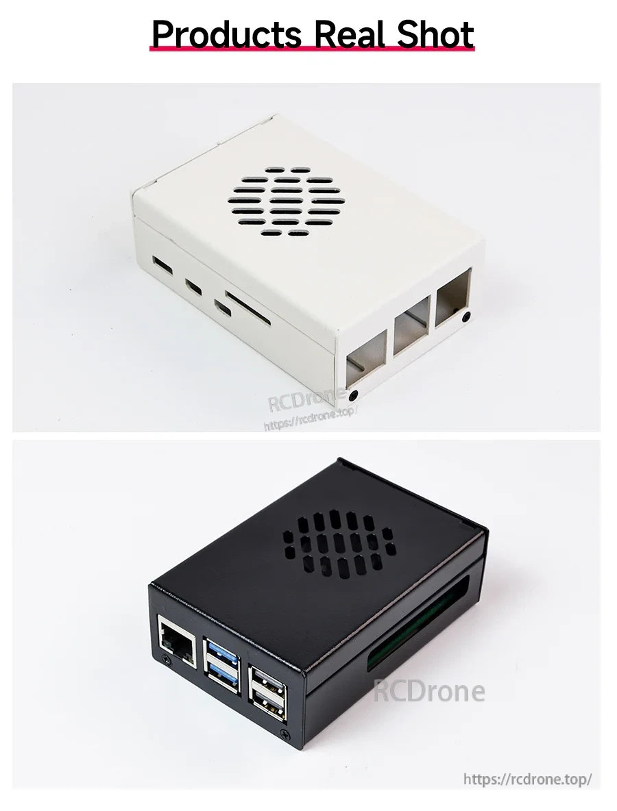 Raspberry Pi 5 metal case with top ventilation grille and cutouts for USB, Ethernet, and other ports
