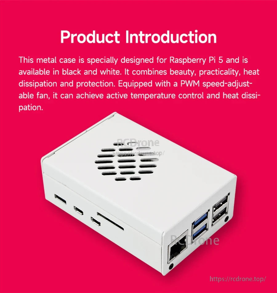 White Raspberry Pi 5 metal case with vented top grille and full access to USB, Ethernet, HDMI, and power cutouts