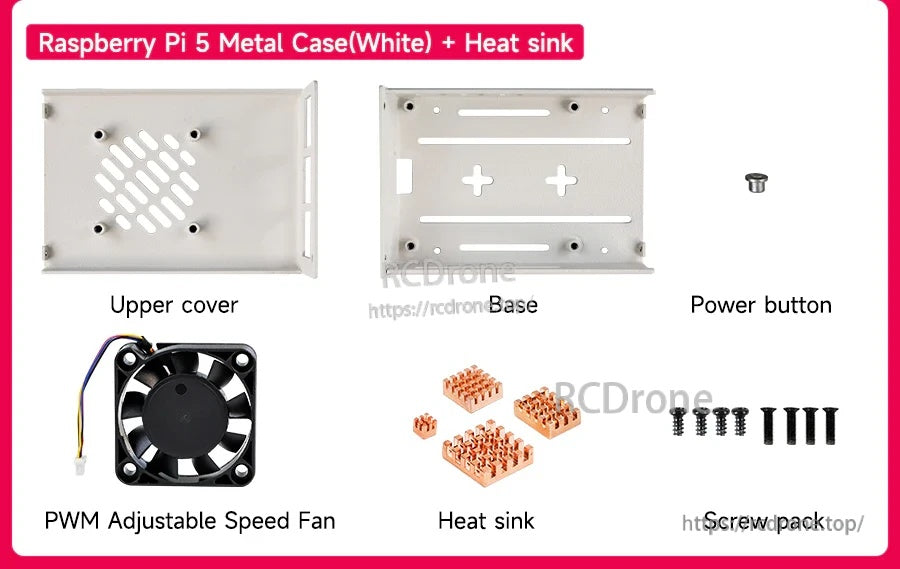White Raspberry Pi 5 metal case kit with upper cover, base, power button, PWM fan, heatsinks, and screws