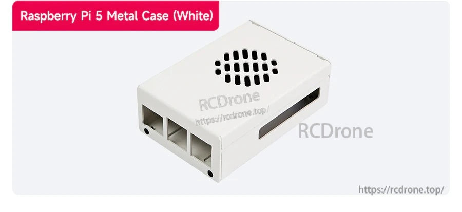 White metal case shell for Raspberry Pi 5 with vented top grille and side port openings