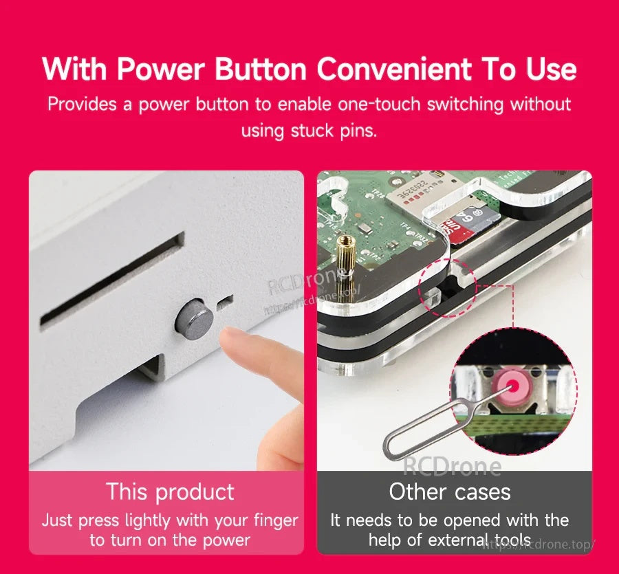Power button feature comparison showing one-touch onboard-style button vs other cases requiring tools or pin access