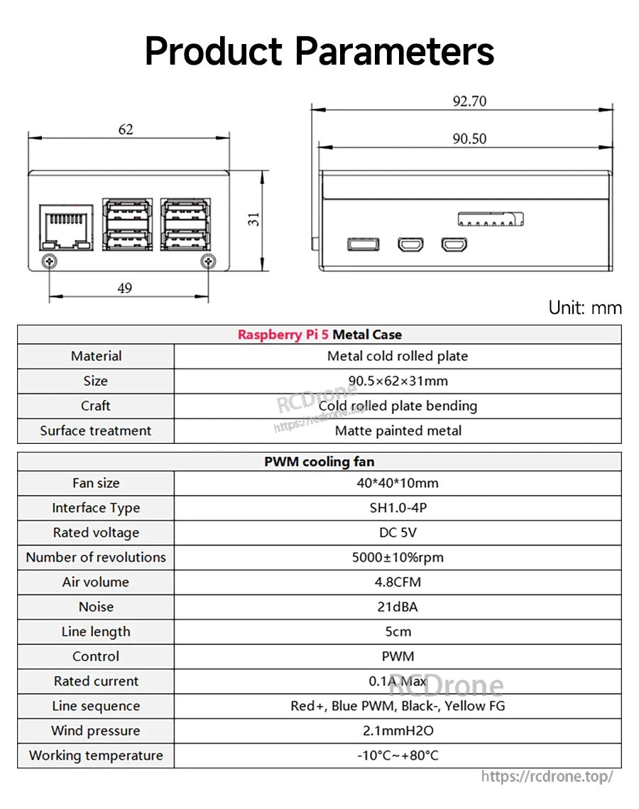 Dimension drawing and specification table for and included 40 mm PWM fan (units in mm)