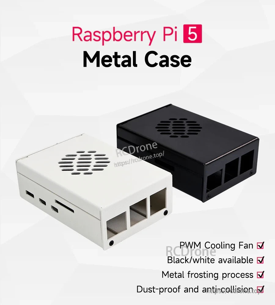 Raspberry Pi 5 metal case in black and white with vented top cover and top-mounted PWM cooling fan