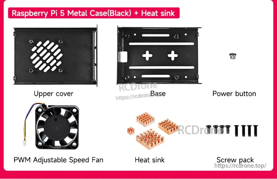 Raspberry Pi 5 black metal case kit with upper cover, base, power button, PWM fan, heatsinks, and screws