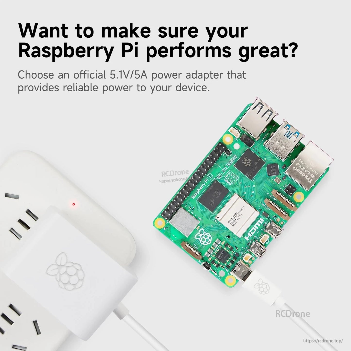 Raspberry Pi 5 Official 27W USB-C Power Supply shown powering a Raspberry Pi board (graphic)