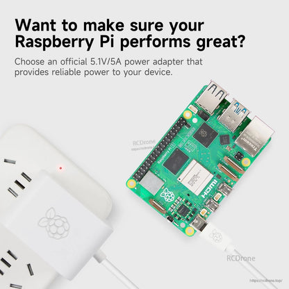 Raspberry Pi 5 Official 27W USB-C Power Supply shown powering a Raspberry Pi board (graphic)