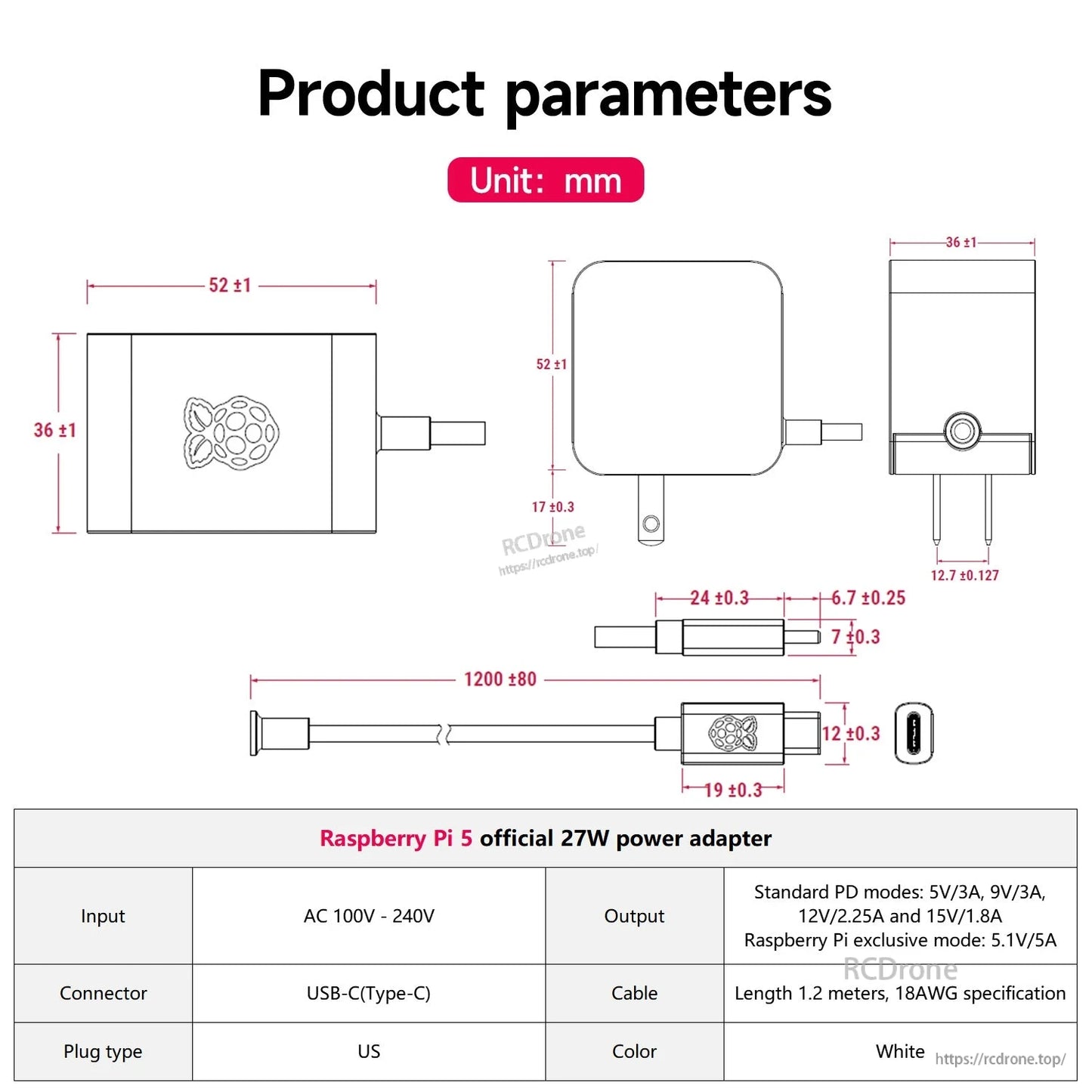 Raspberry Pi 5 27W USB-C power adapter dimensions and cable length diagram with input/output table