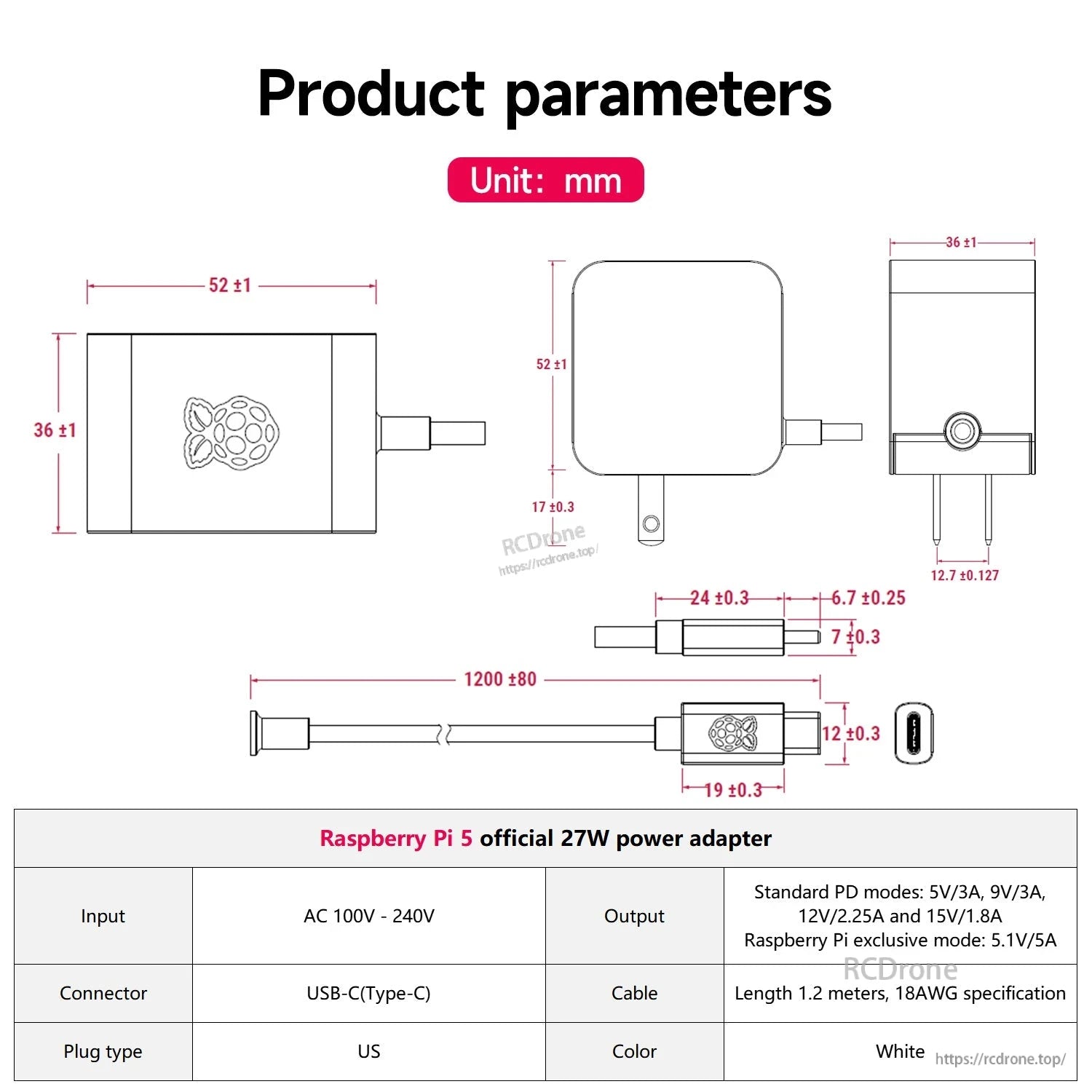 Raspberry Pi 5 27W USB-C power adapter dimensions and cable length diagram with input/output table