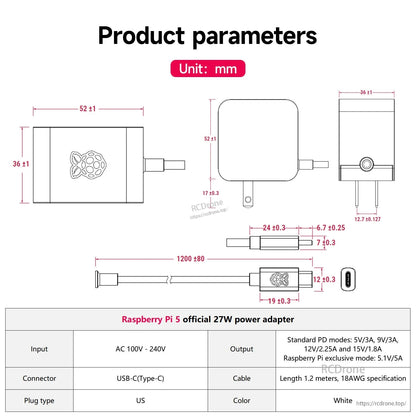 Raspberry Pi 5 27W USB-C power adapter dimensions and cable length diagram with input/output table