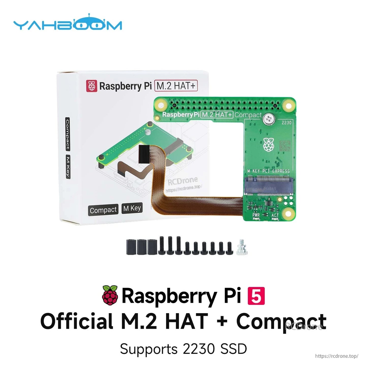 Raspberry Pi 5 official M.2 HAT+ Compact kit contents with board, box, standoffs and screws shown