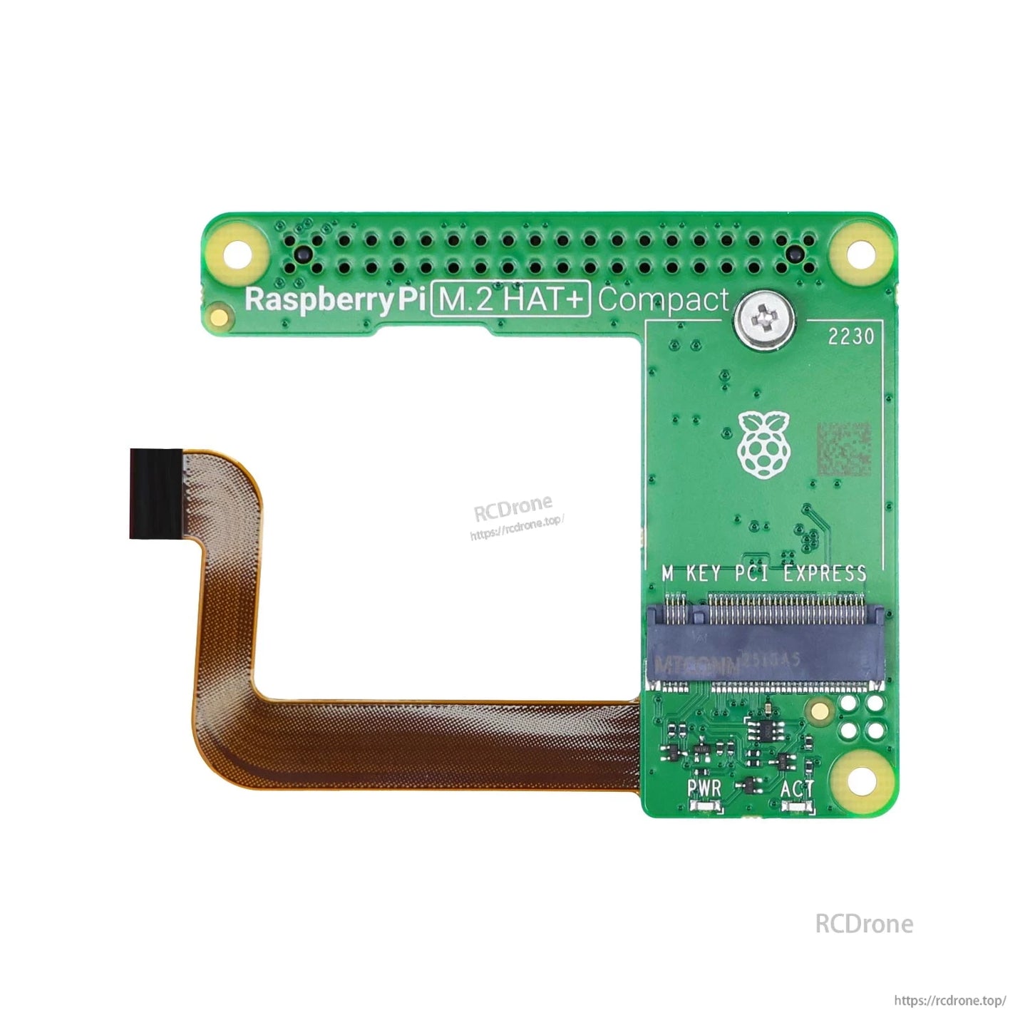Top view of Raspberry Pi M.2 HAT+ Compact board with 16‑pin ribbon cable and PWR/ACT LED labels