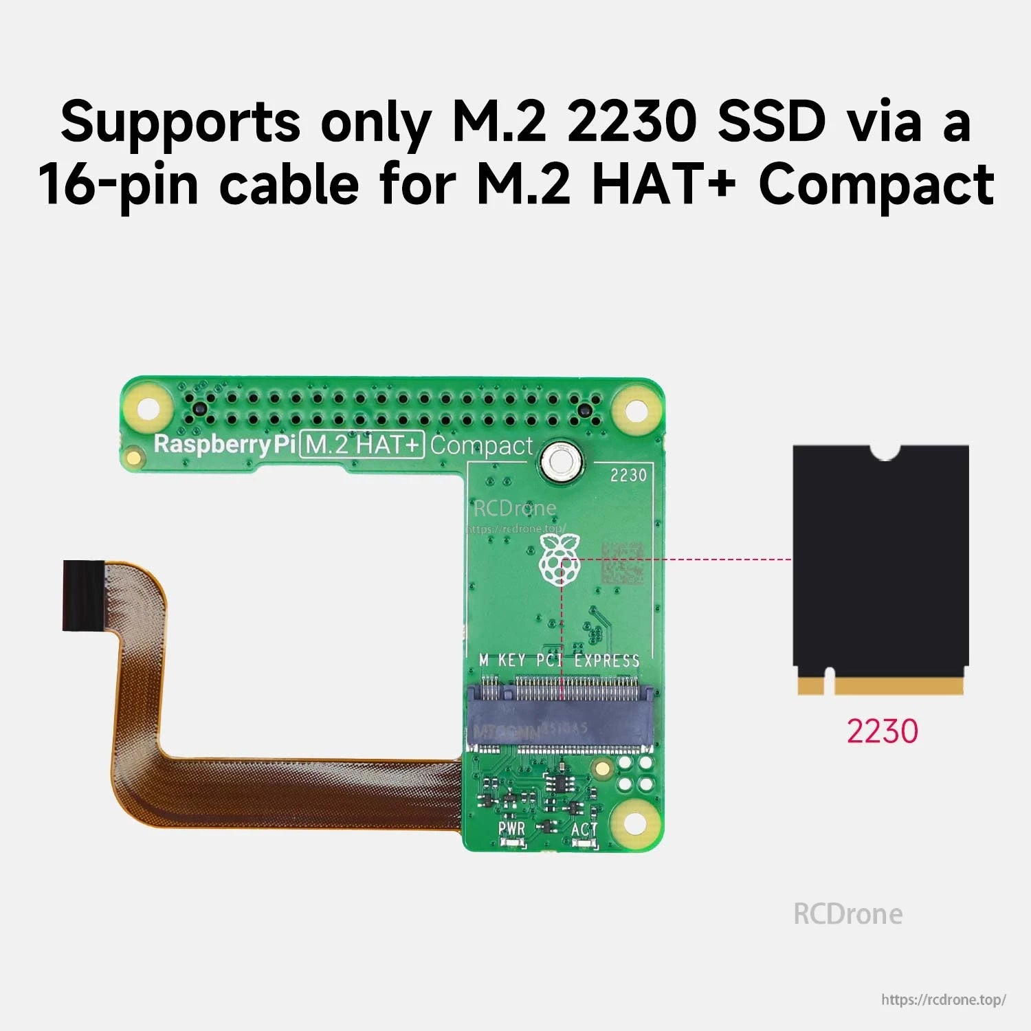 Graphic showing M.2 HAT+ Compact supports only M.2 2230 SSD size via 16‑pin ribbon cable