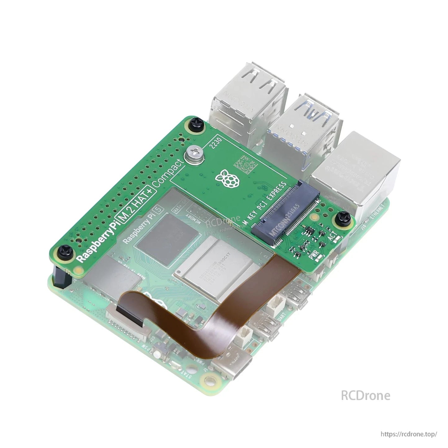 M.2 HAT+ Compact installed on Raspberry Pi 5, showing ribbon cable routing and board position