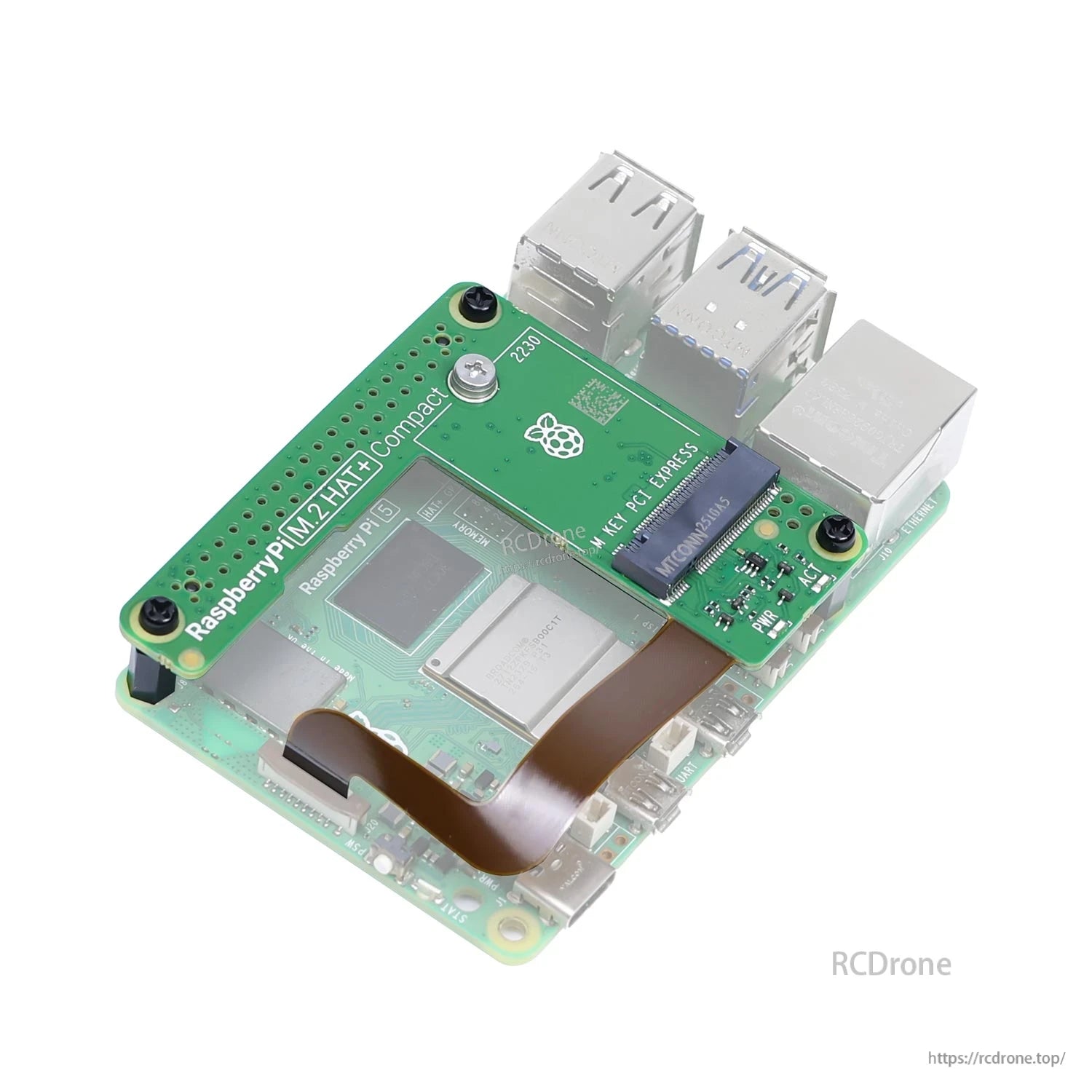 M.2 HAT+ Compact installed on Raspberry Pi 5, showing ribbon cable routing and board position