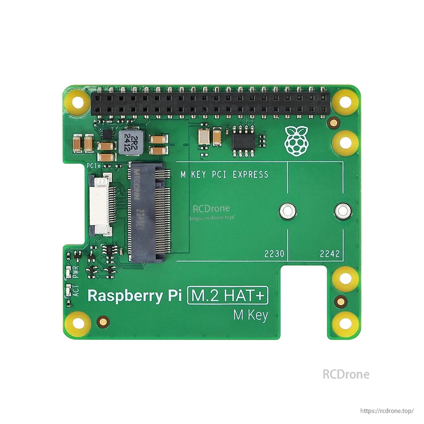 Top view of Raspberry Pi M.2 HAT+ Standard M Key board with GPIO header and M.2 slot markings 2230/2242