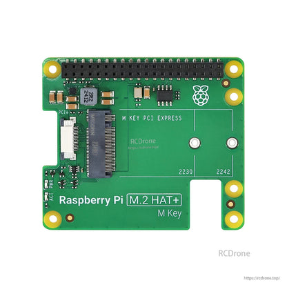 Top view of Raspberry Pi M.2 HAT+ Standard M Key board with GPIO header and M.2 slot markings 2230/2242