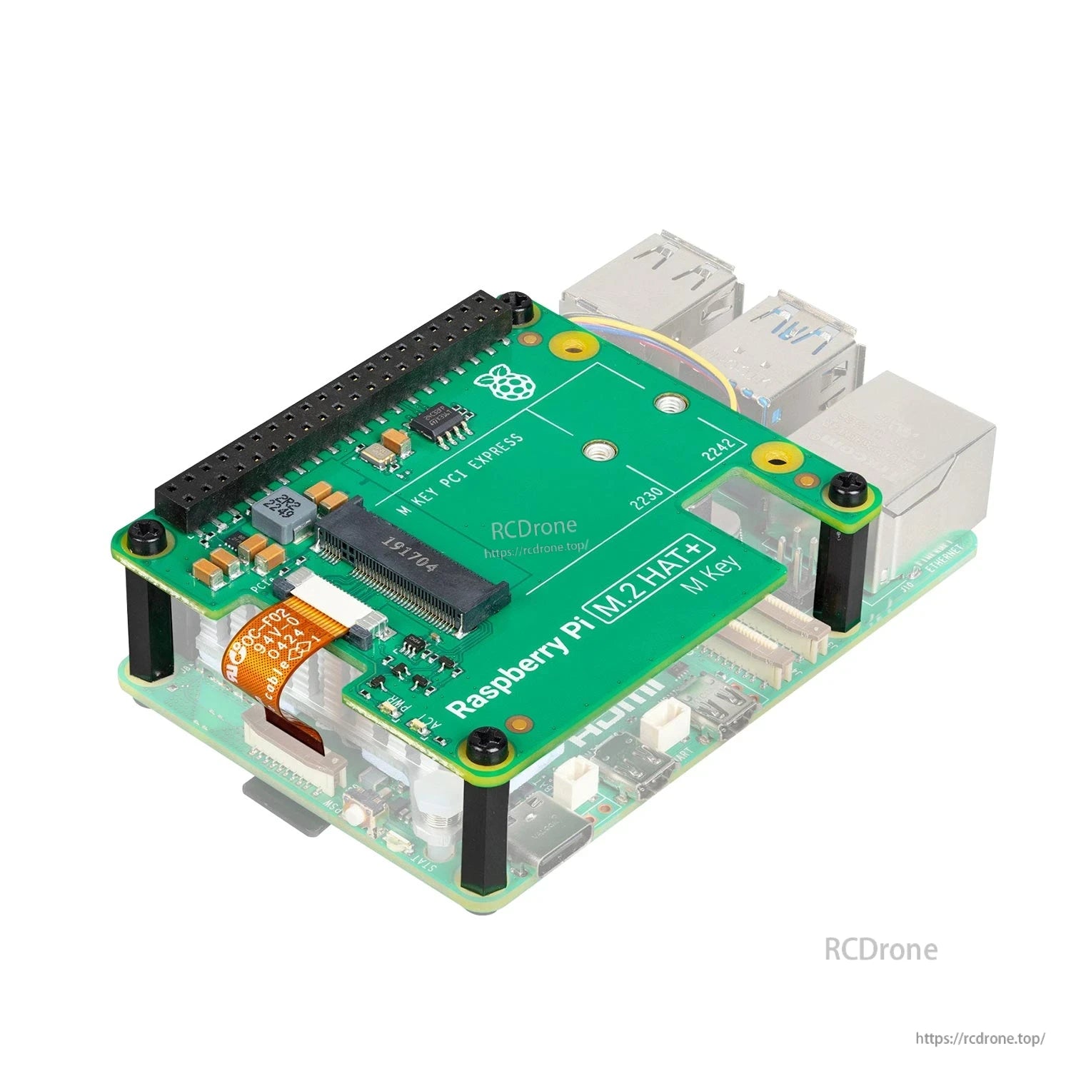 M.2 HAT+ Standard mounted on Raspberry Pi 5 with standoffs, showing 16‑pin PCIe ribbon connection