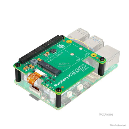 M.2 HAT+ Standard mounted on Raspberry Pi 5 with standoffs, showing 16‑pin PCIe ribbon connection