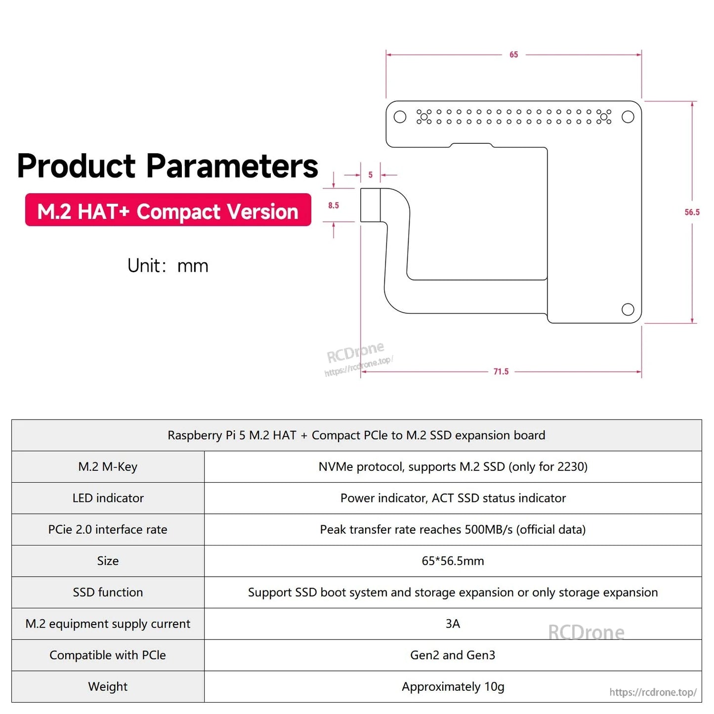 M.2 HAT+ Compact product parameters diagram with dimensions and table including weight and 3A current