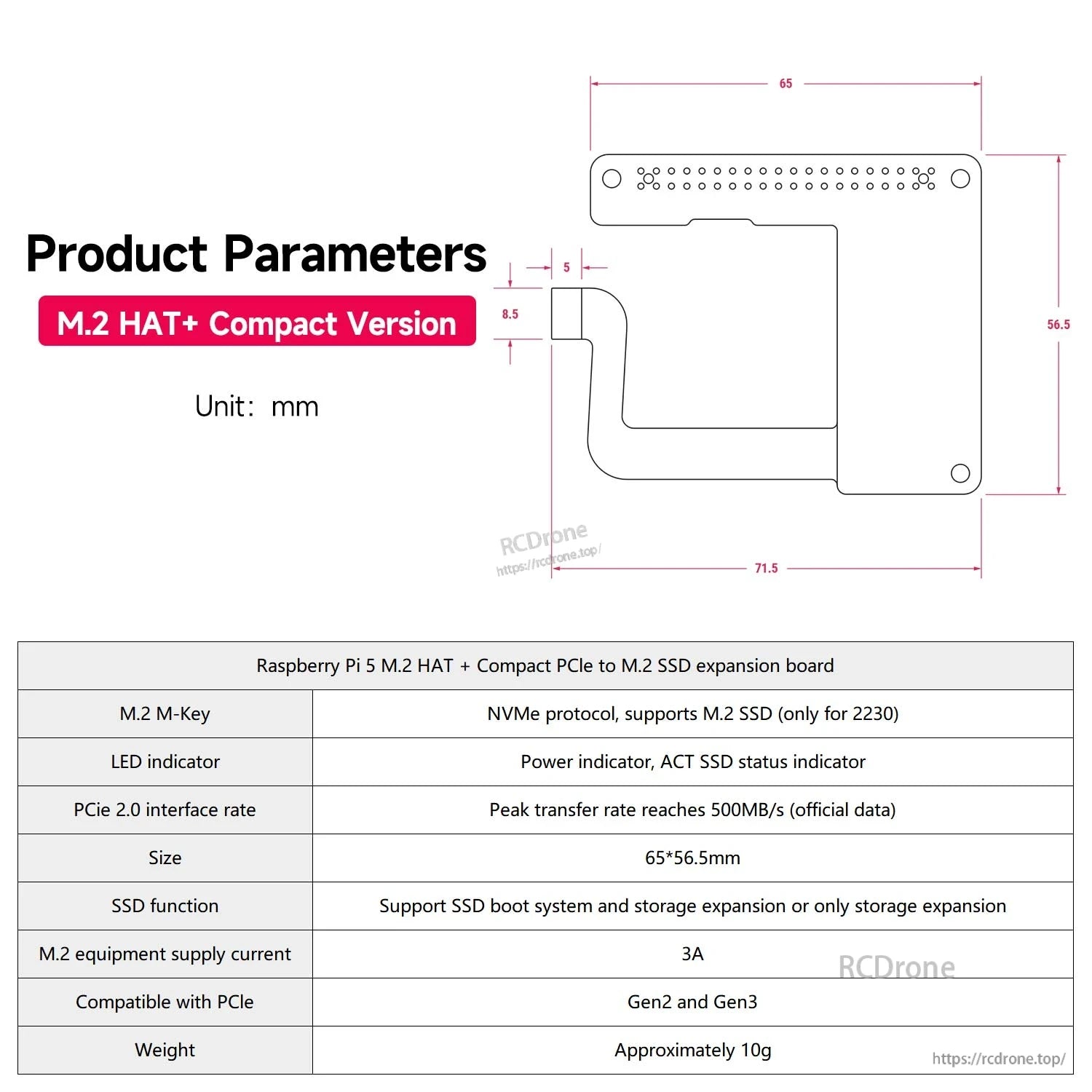 M.2 HAT+ Compact product parameters diagram with dimensions and table including weight and 3A current