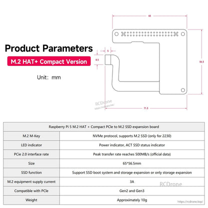 M.2 HAT+ Compact product parameters diagram with dimensions and table including weight and 3A current