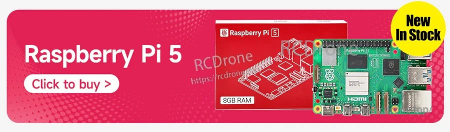 Raspberry Pi 5 promo banner with board graphic and “New in stock” badge