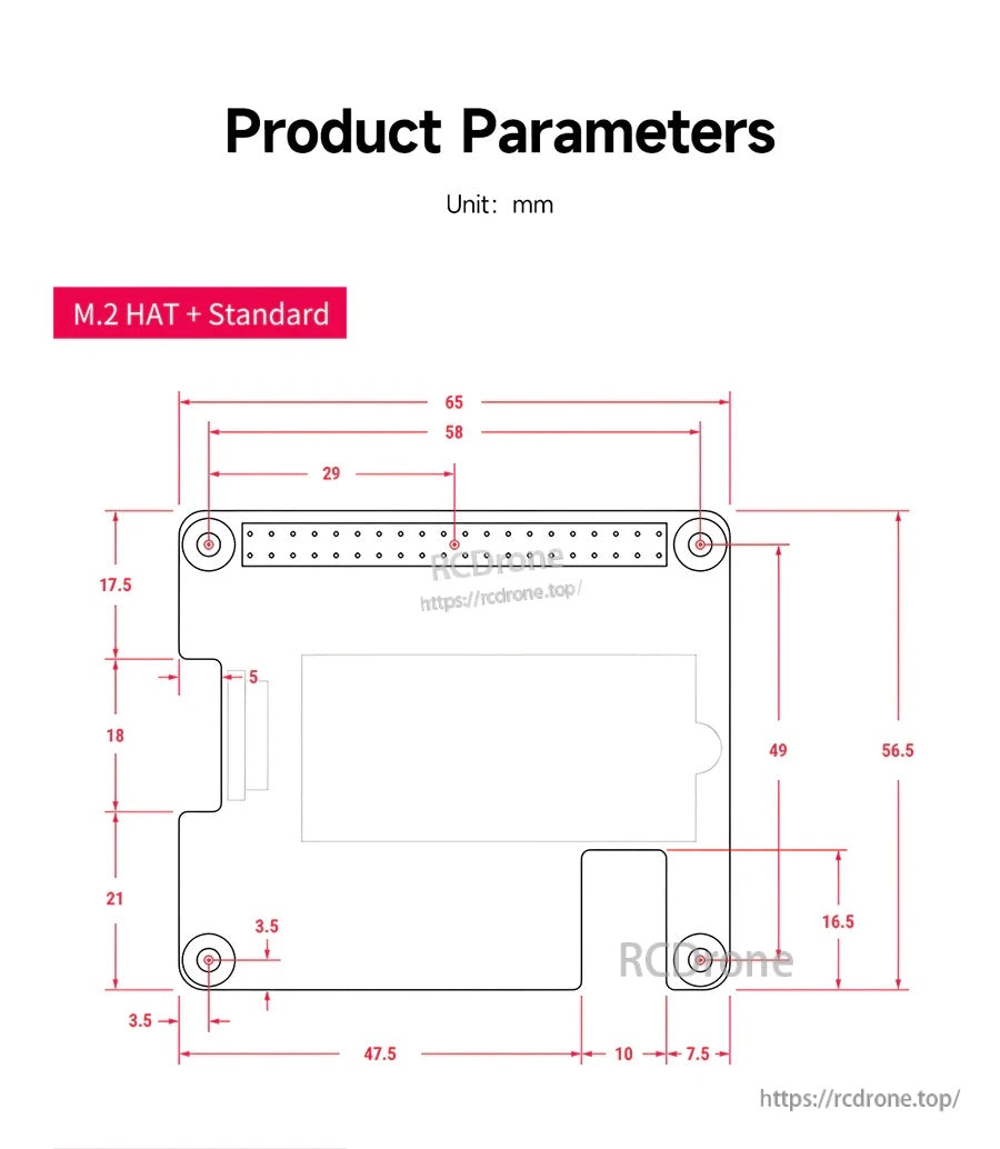 Mechanical dimensions drawing for M.2 HAT+ Standard board with mounting holes and overall size measurements (mm)