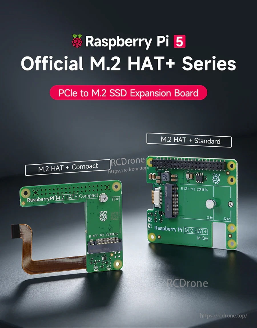 Raspberry Pi 5 Official M.2 HAT+ Series PCIe to M.2 NVMe SSD expansion board, Standard and Compact