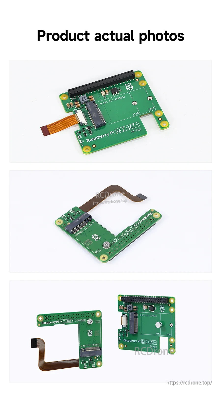 Actual photos of M.2 HAT+ boards showing top and underside views of Standard and Compact Raspberry Pi 5 SSD HAT+