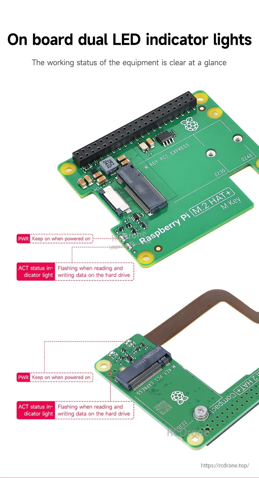 Dual LED indicators on Raspberry Pi M.2 HAT+ board: PWR power light and ACT drive activity light